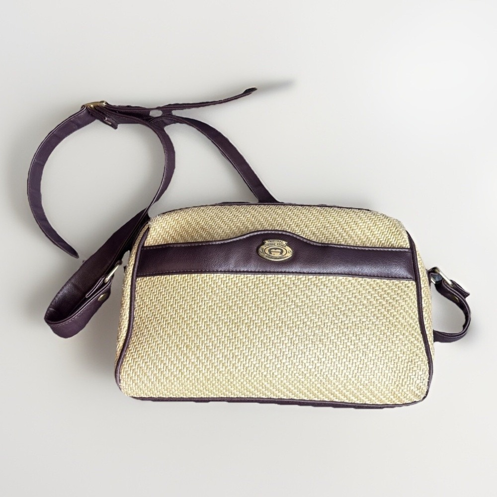 Vintage Aigner Woven Purse Oxblood Leather Trim Crossbody Shoulder Logo Preppy